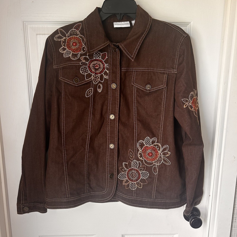 Alfred Dunner 12 Brown Denim‎ Jean Jacket Floral Embroidery Button Down BxF